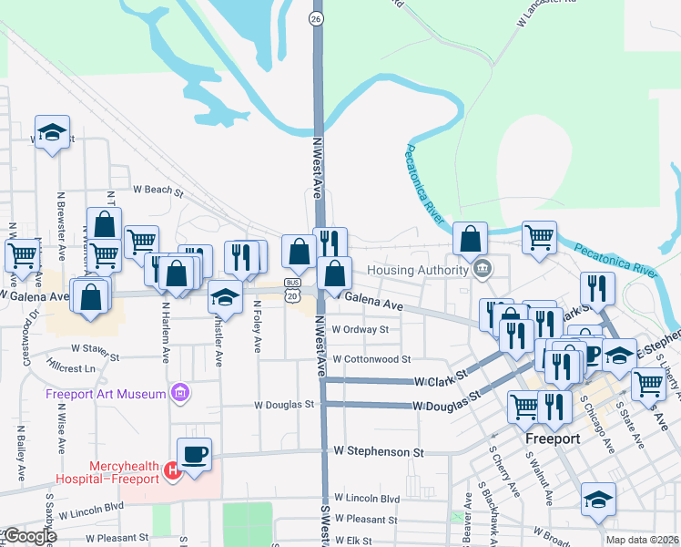 map of restaurants, bars, coffee shops, grocery stores, and more near 501 North Railroad Avenue in Freeport