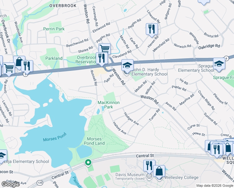 map of restaurants, bars, coffee shops, grocery stores, and more near 6 Lafayette Circle in Wellesley