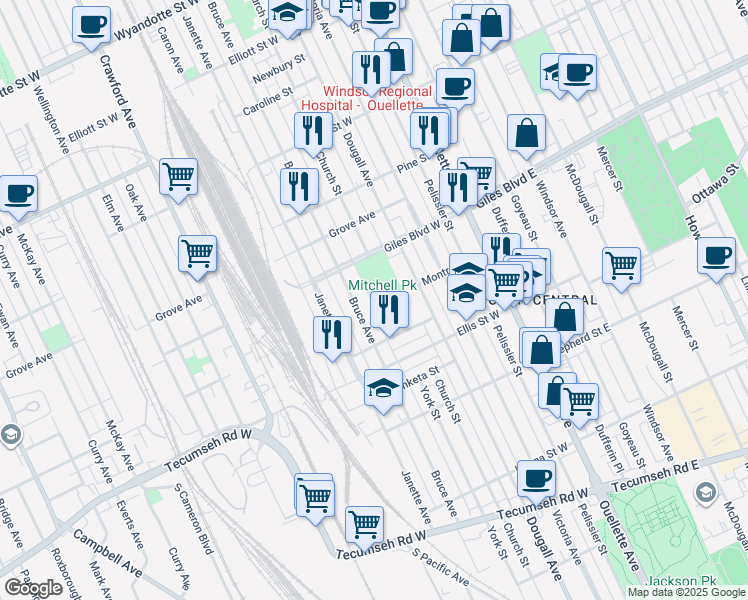 map of restaurants, bars, coffee shops, grocery stores, and more near 399 Giles Boulevard West in Windsor
