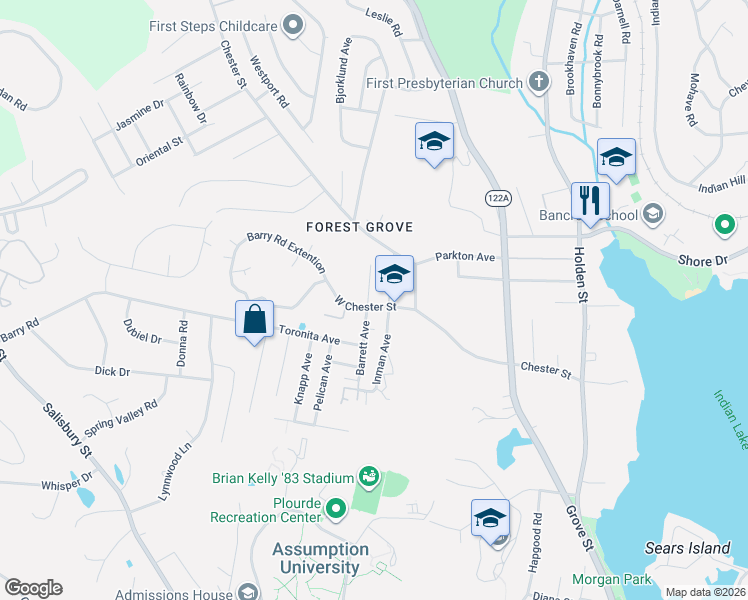 map of restaurants, bars, coffee shops, grocery stores, and more near 83 Barrett Avenue in Worcester