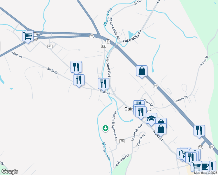 map of restaurants, bars, coffee shops, grocery stores, and more near 33 Lake Mills Road in Cairo
