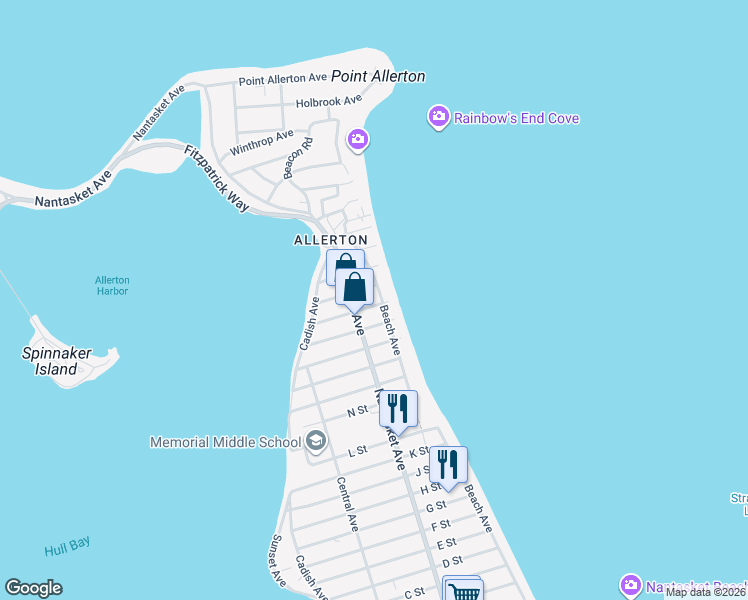 map of restaurants, bars, coffee shops, grocery stores, and more near 43 S Street in Hull