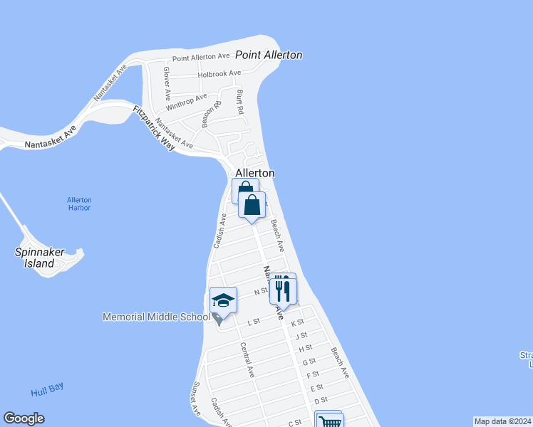 map of restaurants, bars, coffee shops, grocery stores, and more near 47 S Street in Hull