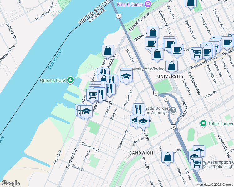 map of restaurants, bars, coffee shops, grocery stores, and more near 3153 Peter Street in Windsor
