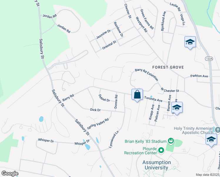 map of restaurants, bars, coffee shops, grocery stores, and more near 20 Blackthorn Drive in Worcester