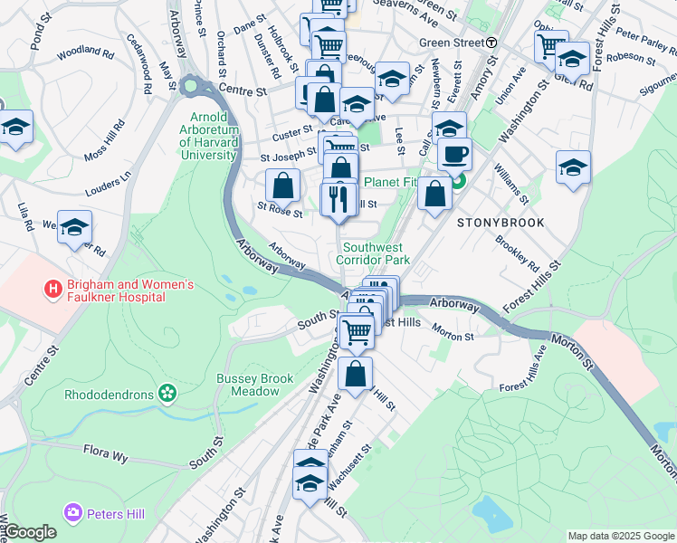map of restaurants, bars, coffee shops, grocery stores, and more near 225-227 South Street in Jamaica Plain