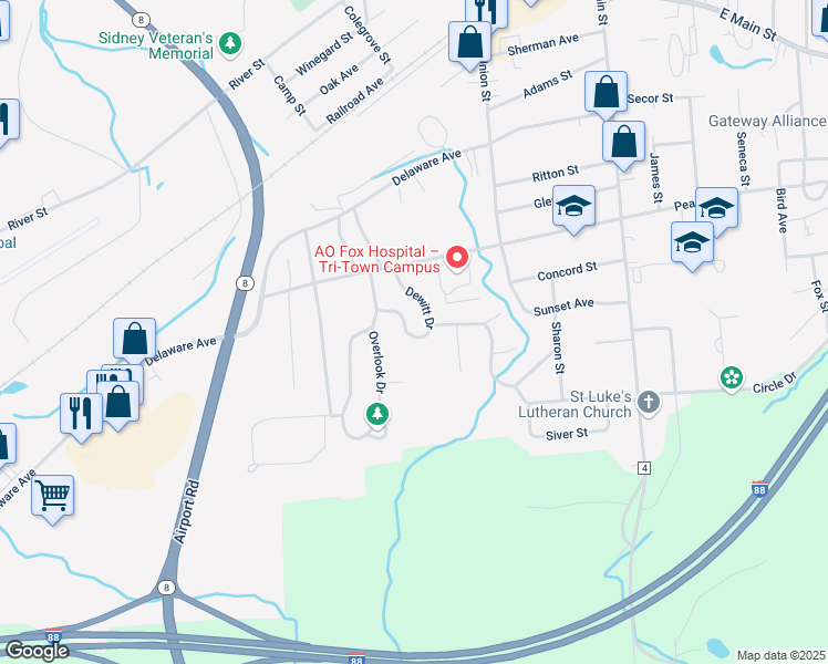 map of restaurants, bars, coffee shops, grocery stores, and more near 30 Dewitt Drive in Sidney