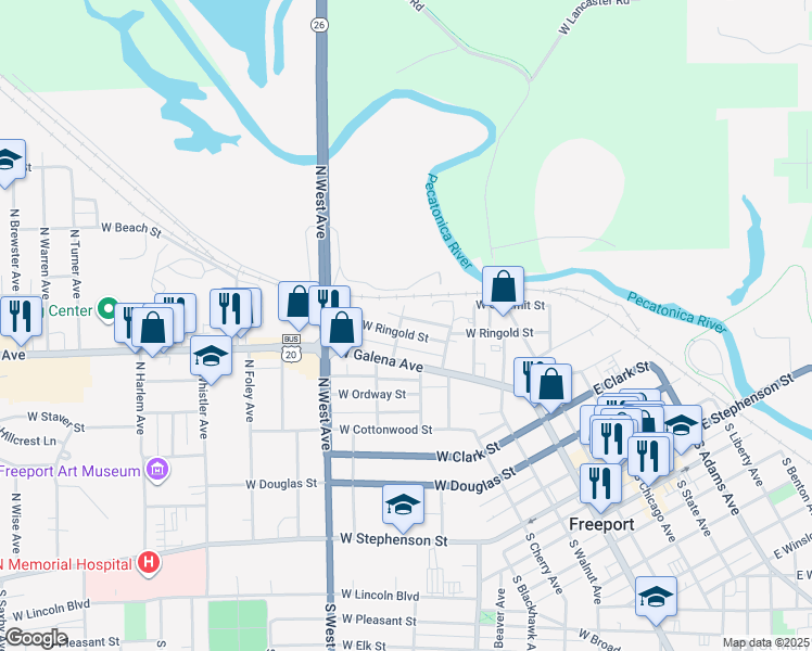 map of restaurants, bars, coffee shops, grocery stores, and more near 710 West Alsop Street in Freeport
