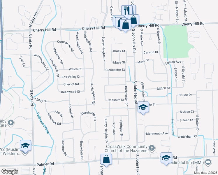 map of restaurants, bars, coffee shops, grocery stores, and more near 39325 Worchester Street in Westland