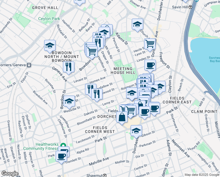 map of restaurants, bars, coffee shops, grocery stores, and more near 34 Longfellow Street in Boston