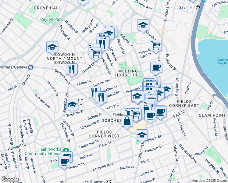 map of restaurants, bars, coffee shops, grocery stores, and more near 34 Longfellow Street in Boston