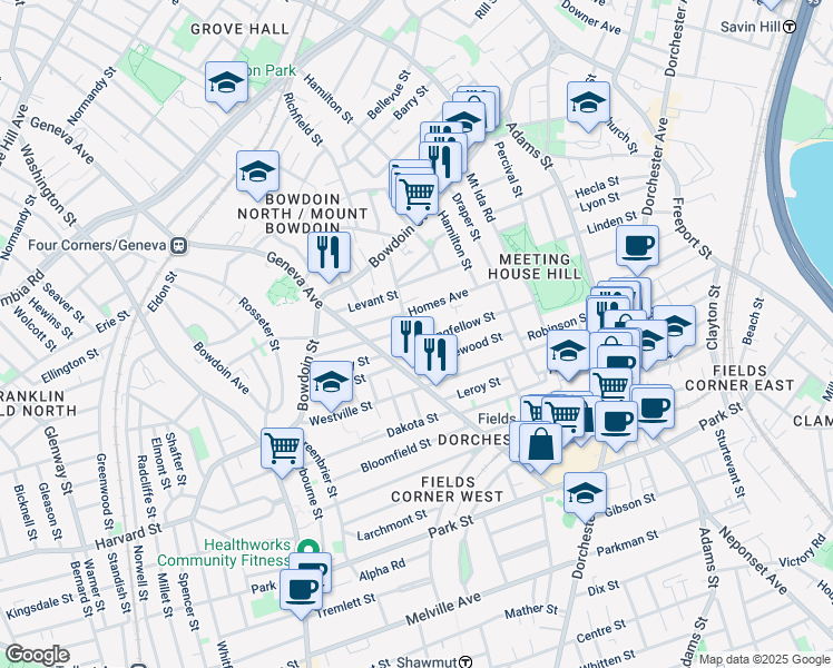 map of restaurants, bars, coffee shops, grocery stores, and more near 91-93 Homes Avenue in Boston