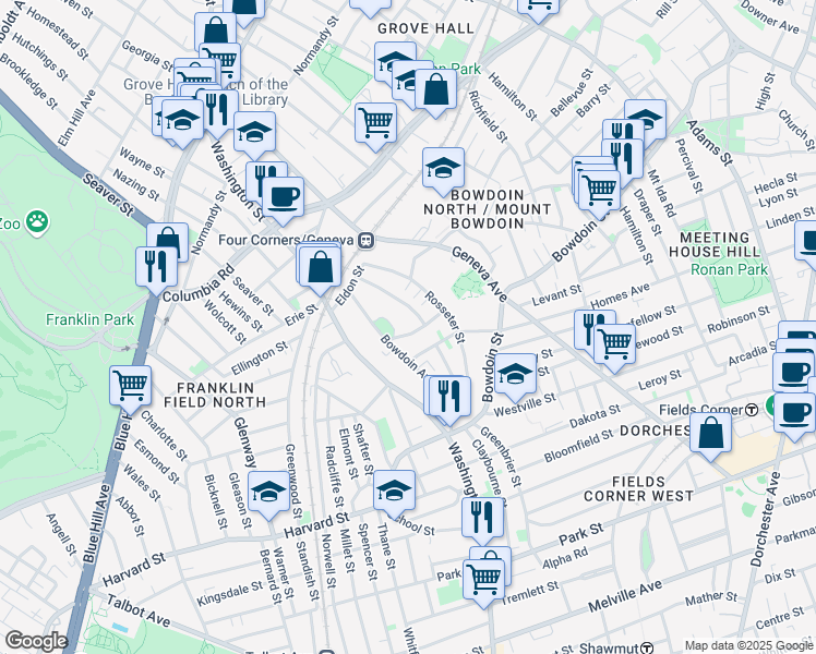 map of restaurants, bars, coffee shops, grocery stores, and more near 11 Mallon Road in Boston