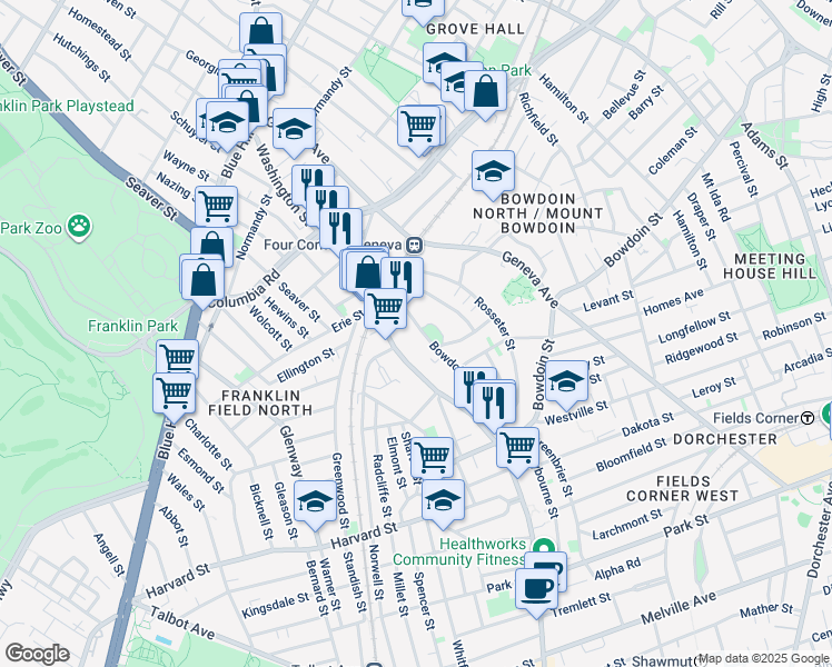 map of restaurants, bars, coffee shops, grocery stores, and more near 5 Bowdoin Avenue in Boston