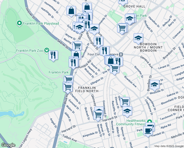 map of restaurants, bars, coffee shops, grocery stores, and more near 21 Hewins Street in Boston
