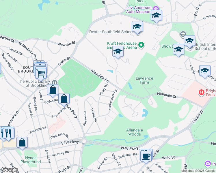 map of restaurants, bars, coffee shops, grocery stores, and more near 306 Allandale Road in Brookline