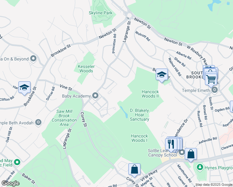 map of restaurants, bars, coffee shops, grocery stores, and more near 55 Broadlawn Park in Boston
