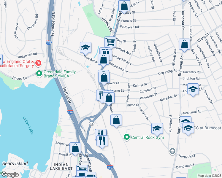 map of restaurants, bars, coffee shops, grocery stores, and more near 34 Andover Street in Worcester
