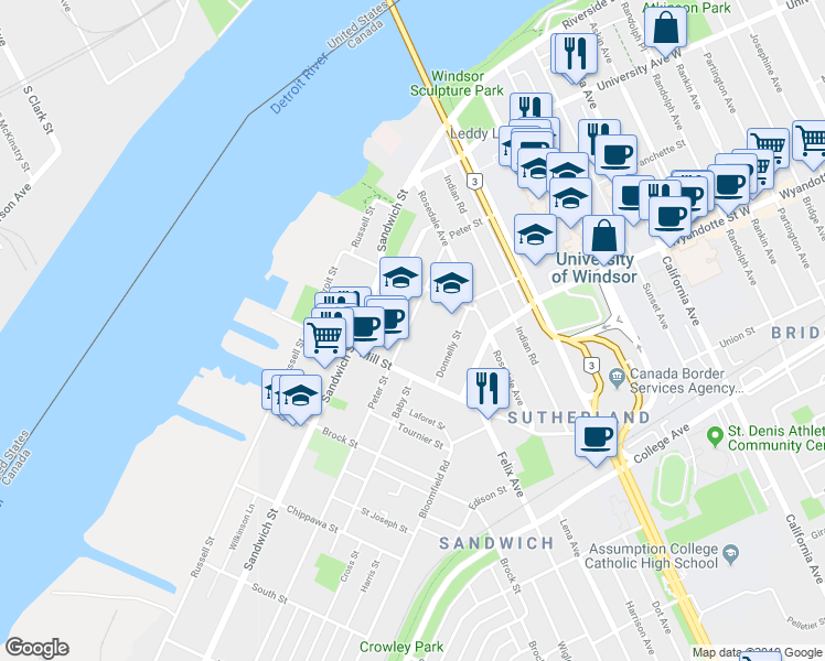 map of restaurants, bars, coffee shops, grocery stores, and more near 3145 Peter Street in Windsor