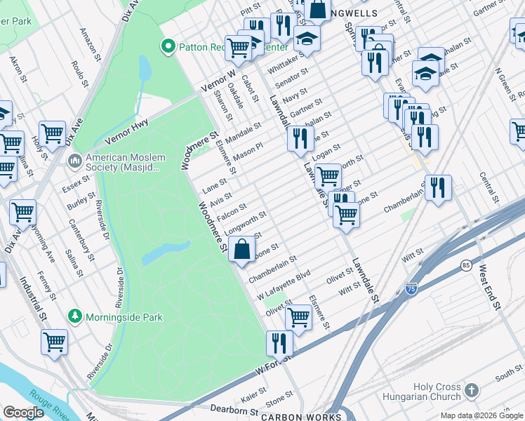 map of restaurants, bars, coffee shops, grocery stores, and more near 8853 Falcon Street in Detroit