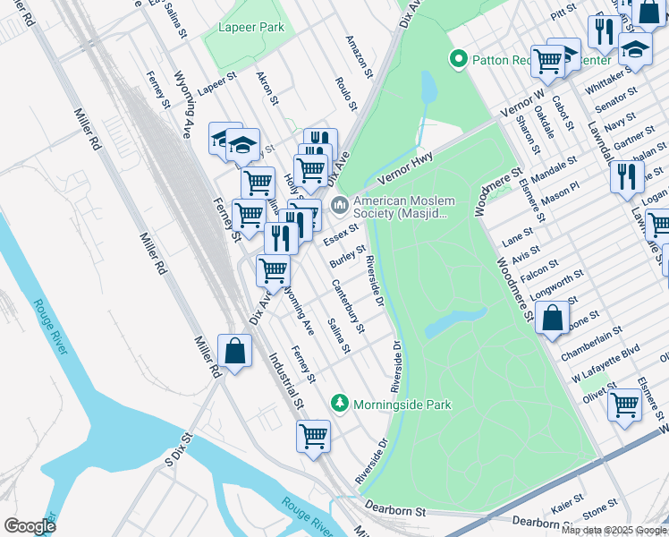 map of restaurants, bars, coffee shops, grocery stores, and more near 10008 Burley Street in Dearborn