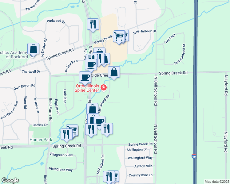 map of restaurants, bars, coffee shops, grocery stores, and more near 2885 McFarland Road in Rockford