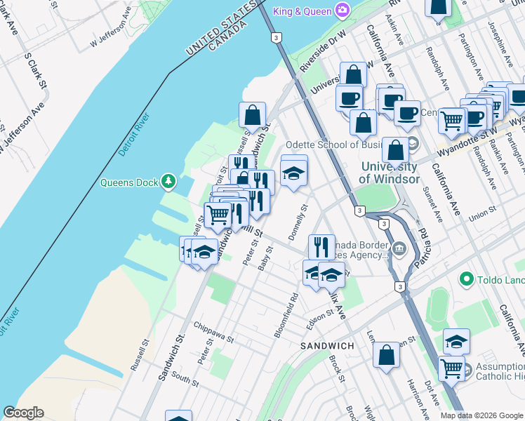 map of restaurants, bars, coffee shops, grocery stores, and more near 3160 Peter Street in Windsor