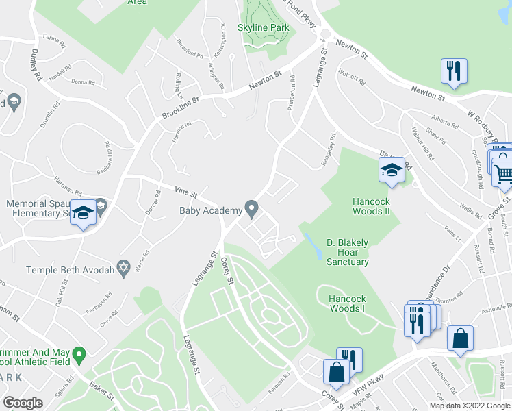 map of restaurants, bars, coffee shops, grocery stores, and more near 74 Bryon Road in Newton