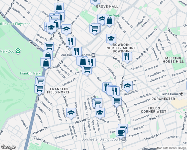 map of restaurants, bars, coffee shops, grocery stores, and more near 11 Bowdoin Avenue in Boston