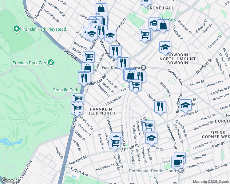 map of restaurants, bars, coffee shops, grocery stores, and more near 424 Seaver Street in Boston