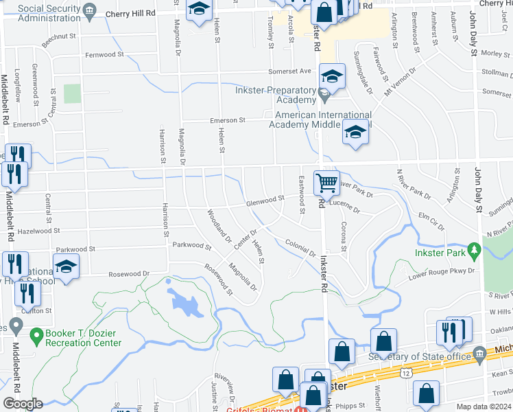 map of restaurants, bars, coffee shops, grocery stores, and more near 1225 Colonial Drive in Inkster