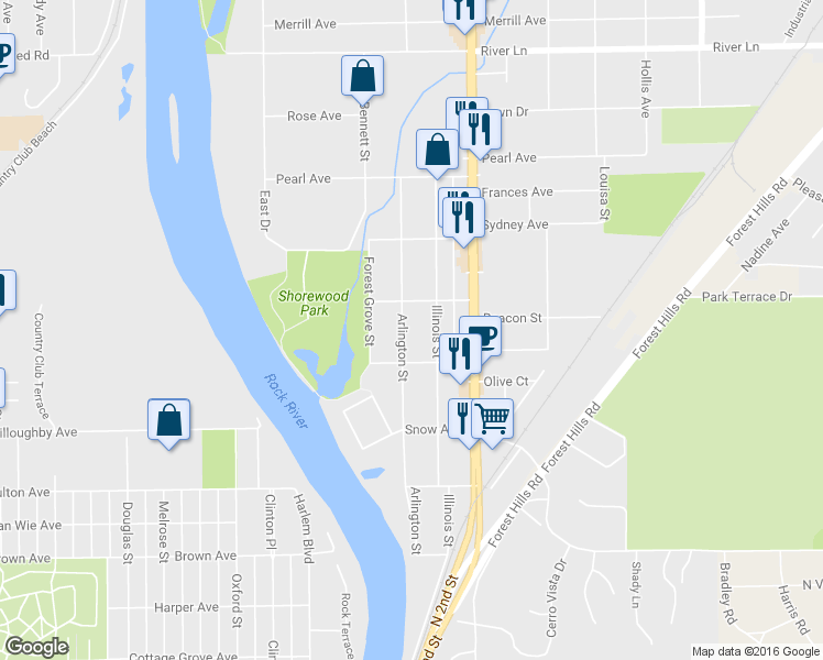 map of restaurants, bars, coffee shops, grocery stores, and more near 4925 Arlington Street in Loves Park