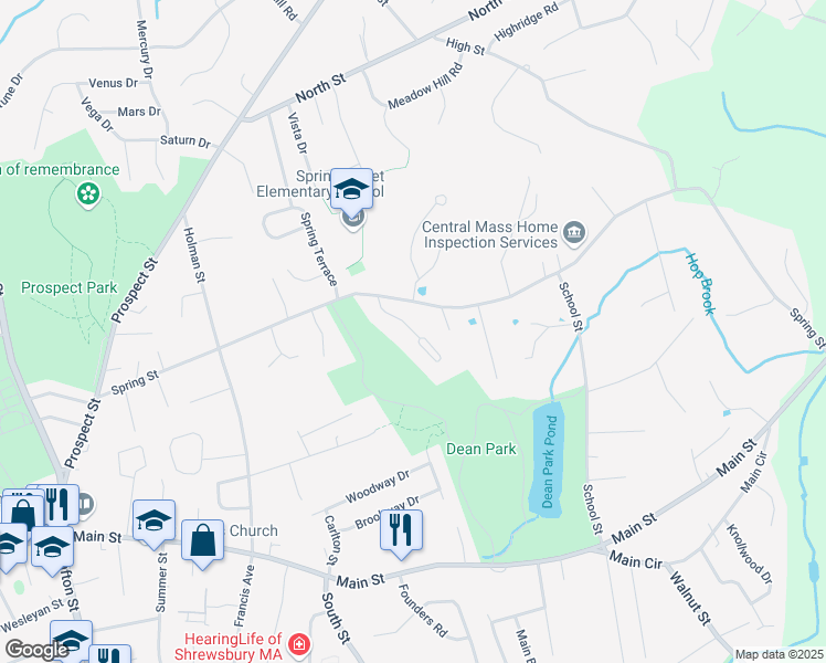 map of restaurants, bars, coffee shops, grocery stores, and more near 9 Park Grove Lane in Shrewsbury