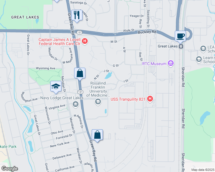 map of restaurants, bars, coffee shops, grocery stores, and more near 3001 Green Bay Road in North Chicago