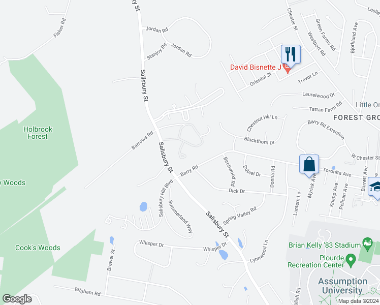 map of restaurants, bars, coffee shops, grocery stores, and more near 770 Salisbury Street in Worcester