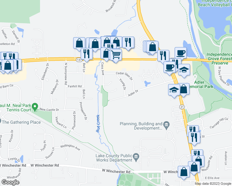 map of restaurants, bars, coffee shops, grocery stores, and more near 1656 Cass Avenue in Libertyville