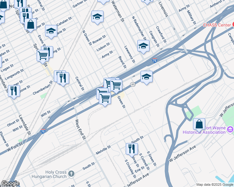 map of restaurants, bars, coffee shops, grocery stores, and more near W Fort St & Green St in Detroit