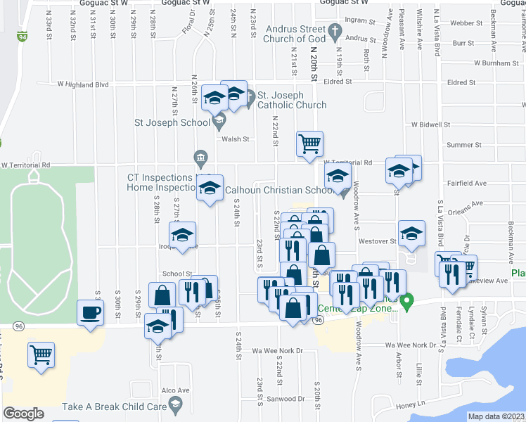map of restaurants, bars, coffee shops, grocery stores, and more near 63 23rd Street South in Battle Creek