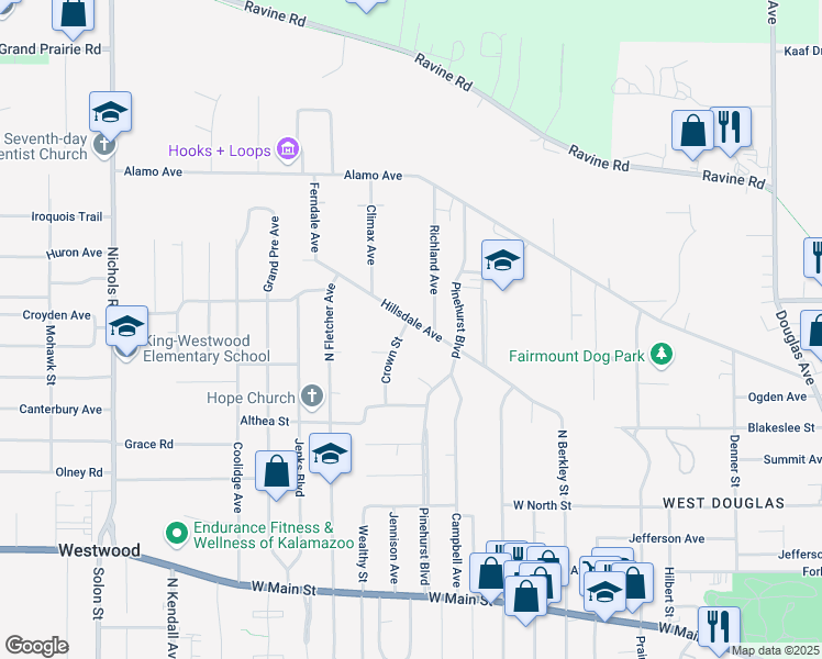 map of restaurants, bars, coffee shops, grocery stores, and more near 2230 Hillsdale Avenue in Kalamazoo