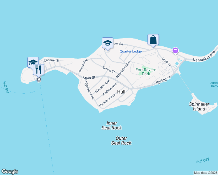 map of restaurants, bars, coffee shops, grocery stores, and more near 7 Western Avenue in Hull