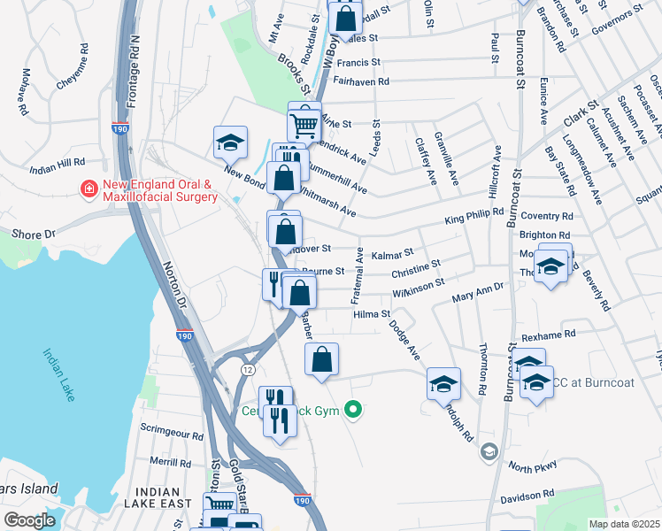 map of restaurants, bars, coffee shops, grocery stores, and more near 13 Bourne Street in Worcester