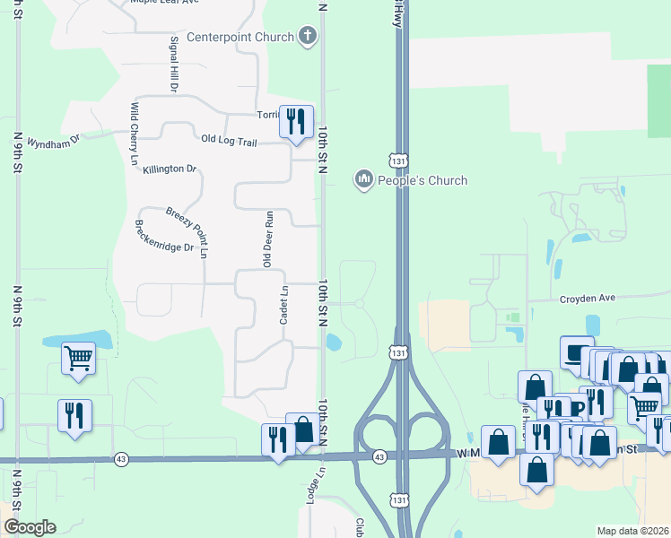 map of restaurants, bars, coffee shops, grocery stores, and more near 1587 North Village Circle in Kalamazoo
