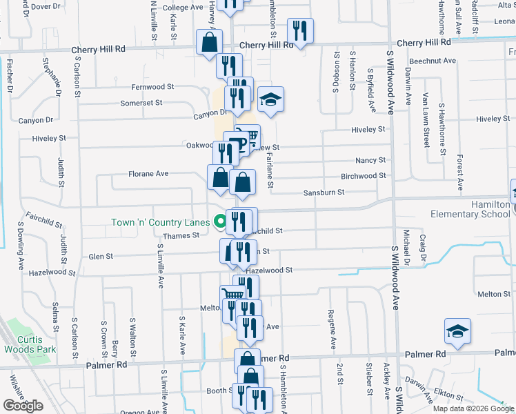map of restaurants, bars, coffee shops, grocery stores, and more near 960 Fairlane Street in Westland