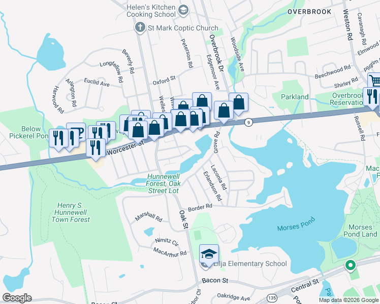 map of restaurants, bars, coffee shops, grocery stores, and more near 6 Bass Terrace in Natick