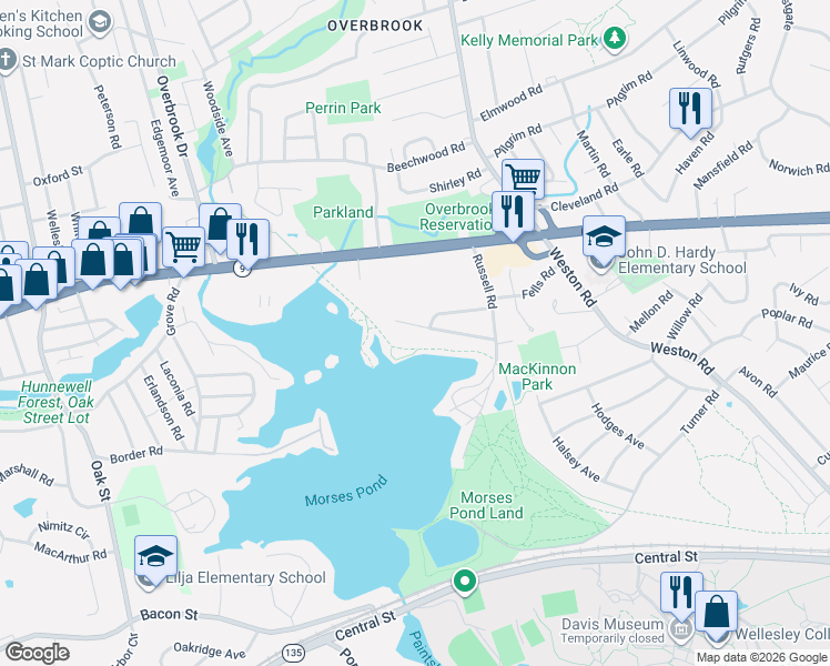 map of restaurants, bars, coffee shops, grocery stores, and more near 34 Bay View Road in Wellesley