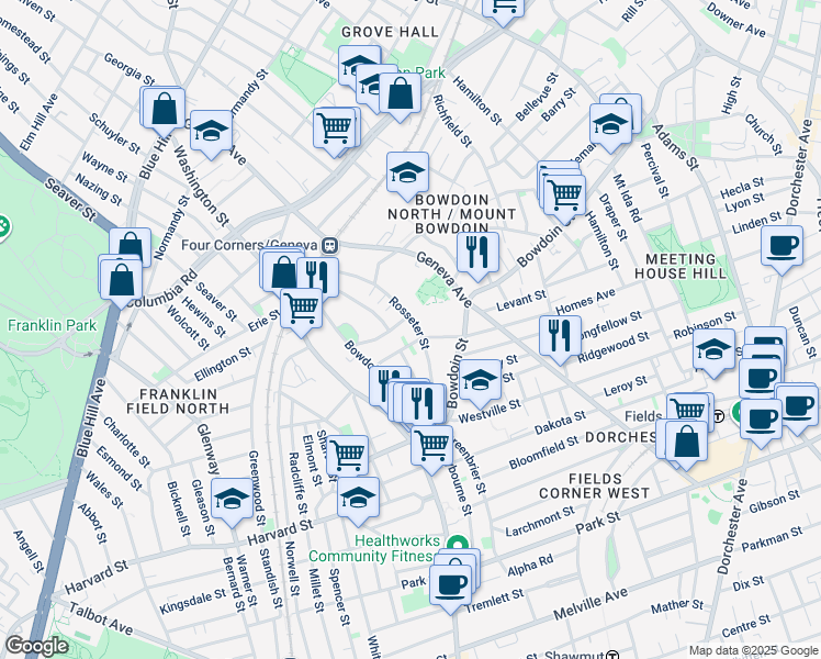map of restaurants, bars, coffee shops, grocery stores, and more near 110 Rosseter Street in Boston