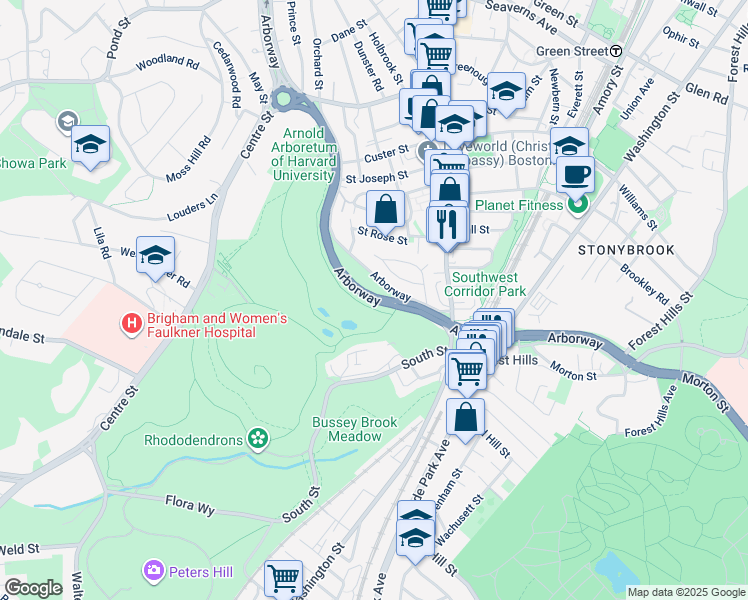 map of restaurants, bars, coffee shops, grocery stores, and more near 362 Arborway in Boston