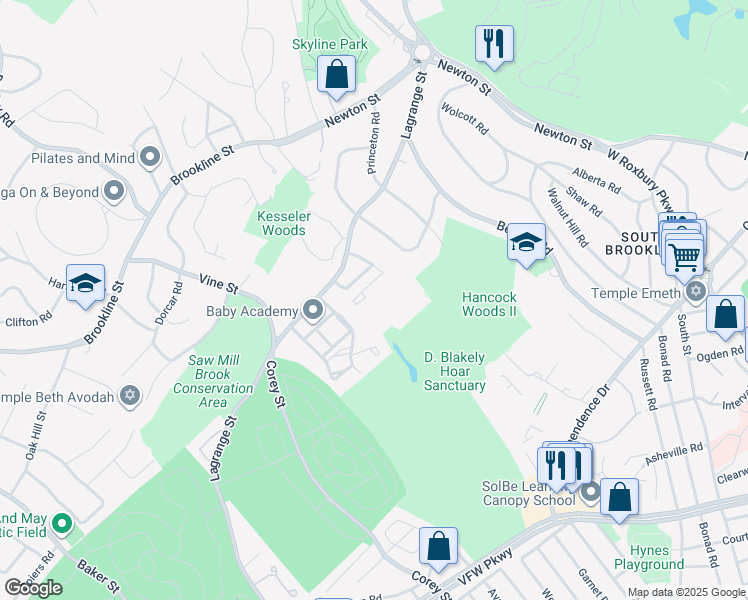 map of restaurants, bars, coffee shops, grocery stores, and more near 20 Broadlawn Drive in Newton