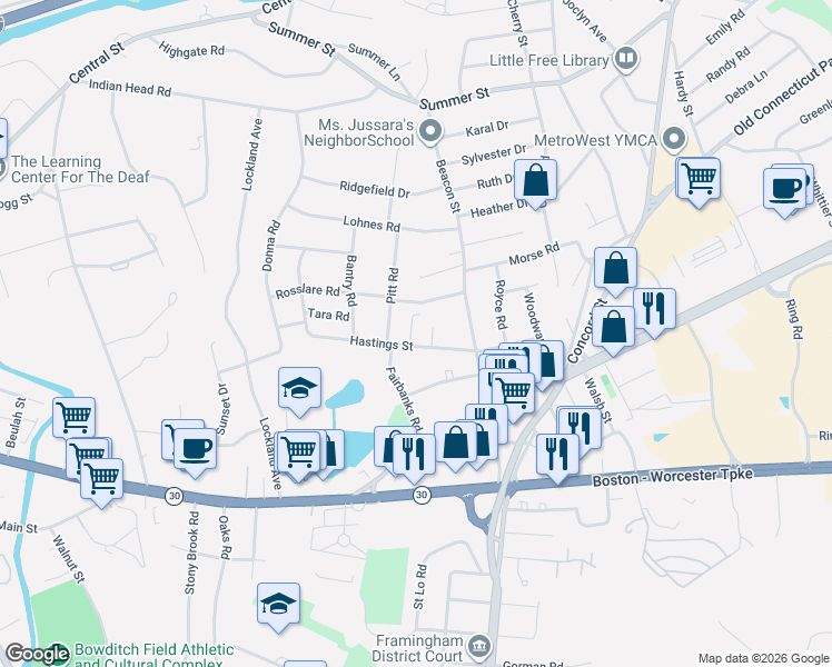 map of restaurants, bars, coffee shops, grocery stores, and more near 11 Murray Road in Framingham