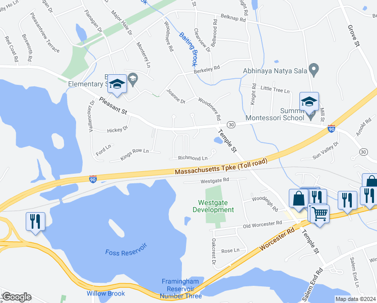map of restaurants, bars, coffee shops, grocery stores, and more near 518 Pleasant Street in Framingham